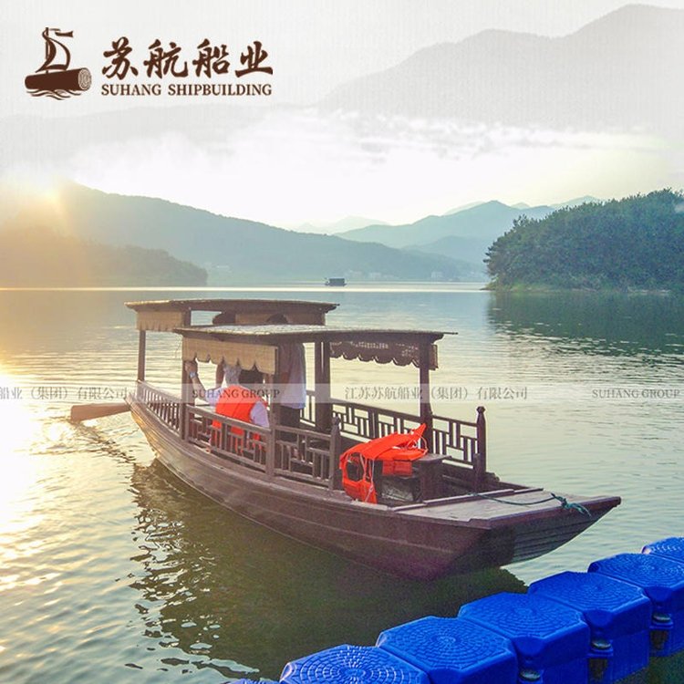 景区观光摇橹船 木质水上游船 仿古木船高低篷船苏航制造