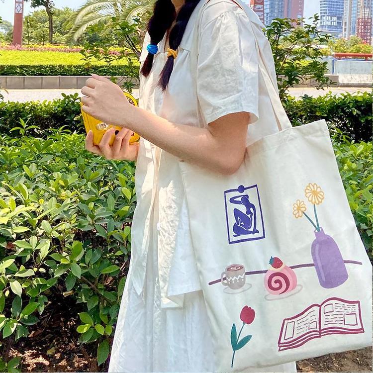 富源自画帆布袋原创自制手绘静物油画感小众设计ins单肩帆布包环保袋工厂直销