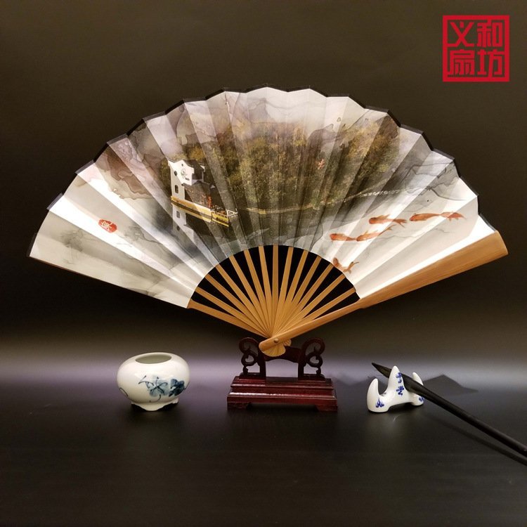 10寸仿古头青竹骨扇广告绢扇宣纸折扇子定做广告logo定制订做扇子