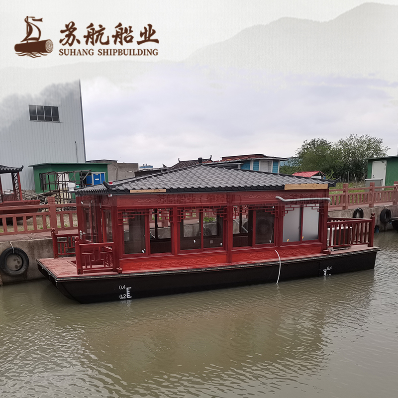 8米仿古游船 水上餐饮休闲木船 电动观光船厂家