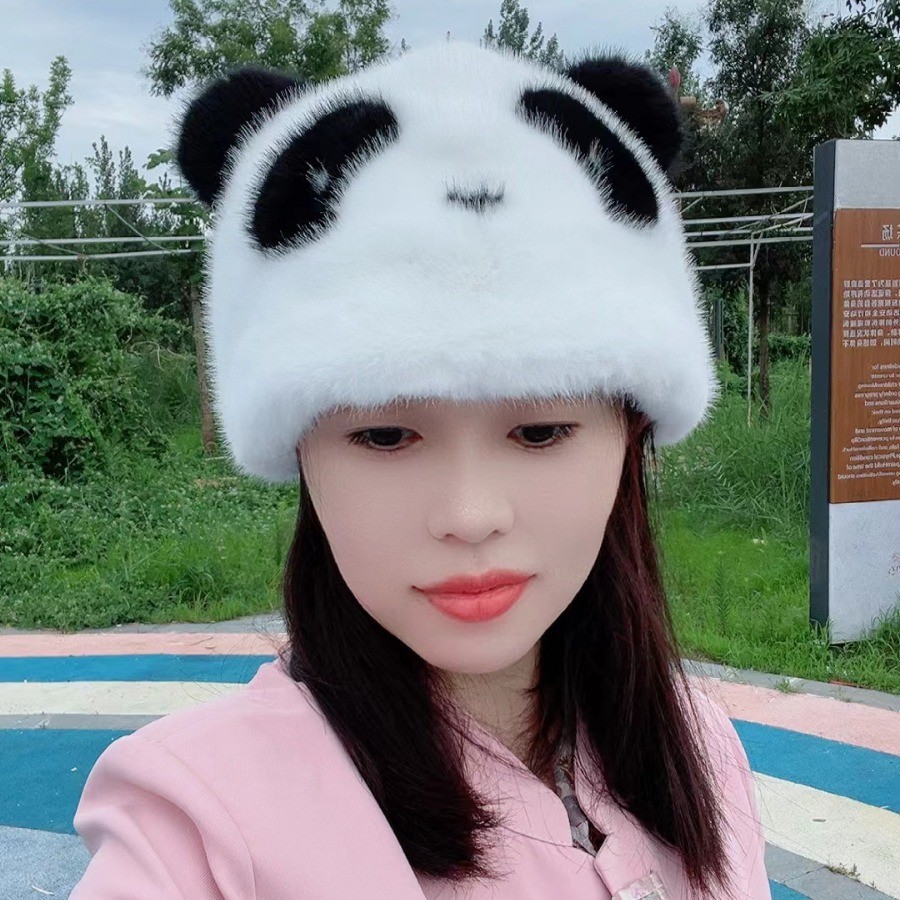 可爱仿水貂熊猫毛绒帽子女秋冬季加厚保暖护耳包头帽大头围百搭帽