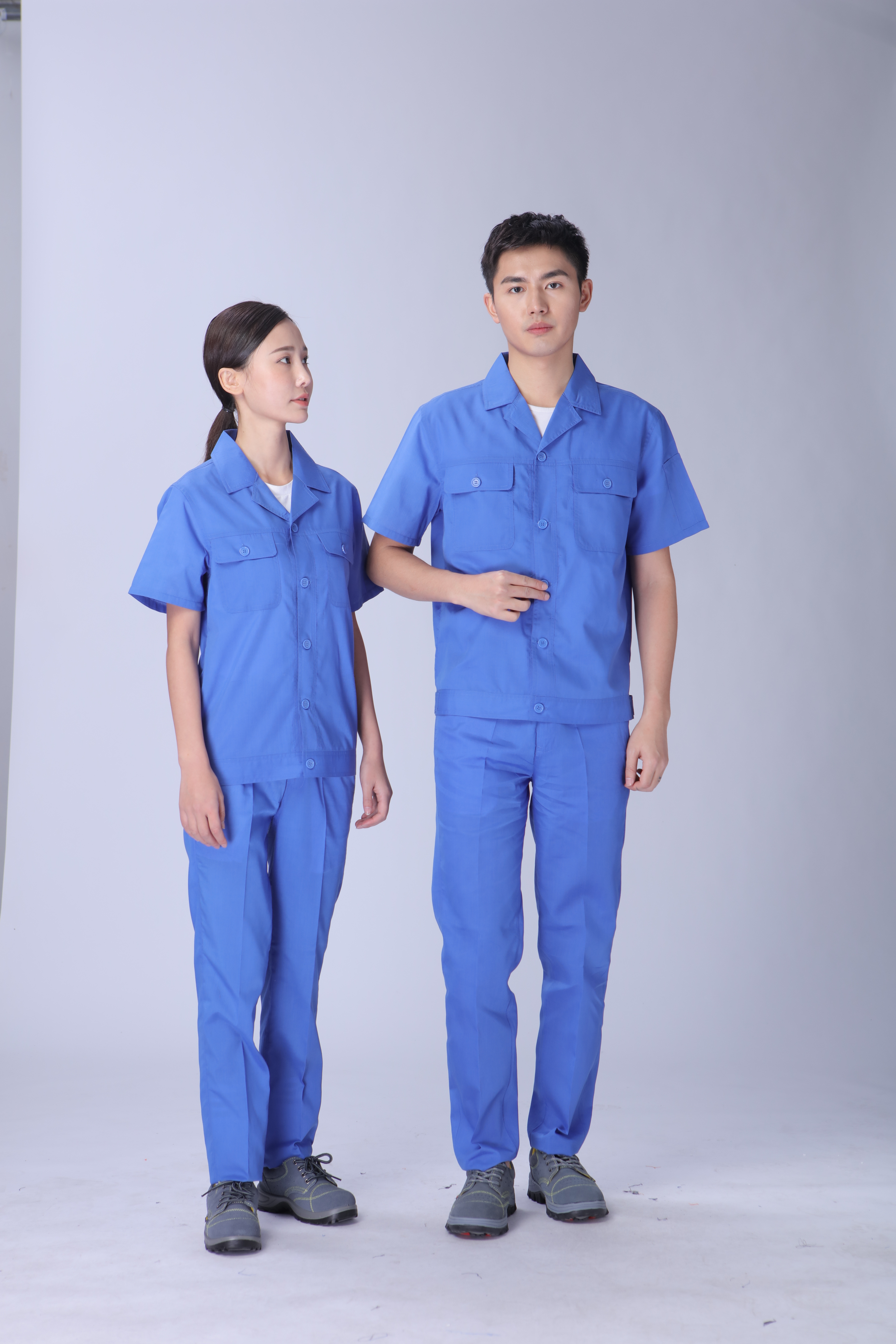 工作服套装男春夏短袖女薄款涤棉耐磨车间厂服定制logo劳 保服工装
