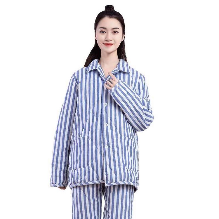 恒美服装 男女长袖套装棉质住院服 蓝白条病号服批发