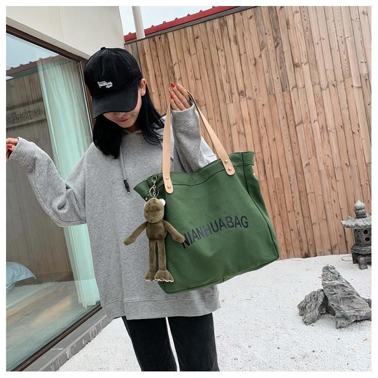 富源绿色帆布袋单肩包女ins文艺大容量手提布袋学生上课韩版日系百搭简约大气工厂直销