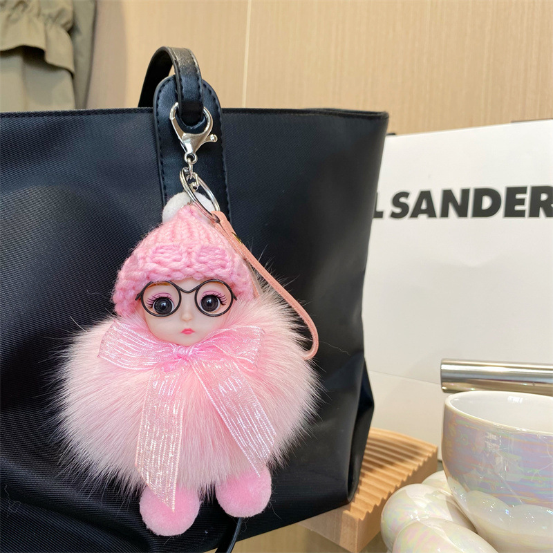真狐狸毛毛球大眼睛娃娃包包挂件毛绒配饰品车钥匙扣可爱女款
