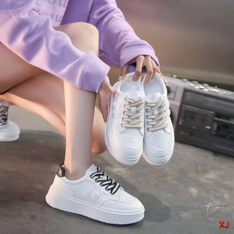 外贸库存板鞋女 新款橡胶软底松糕厚底纯色系带麦穗休闲小白鞋