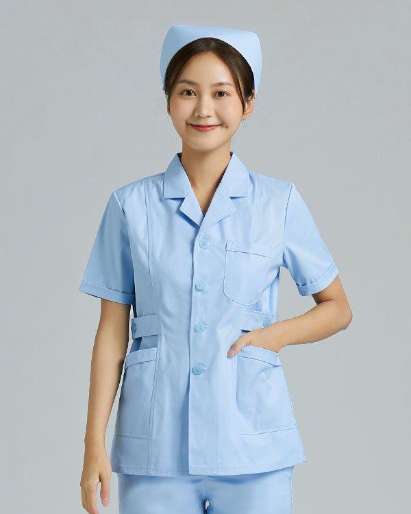 美斯尼新款护士服加工定制 专业生产蓝色粉色翻领护士分体套装