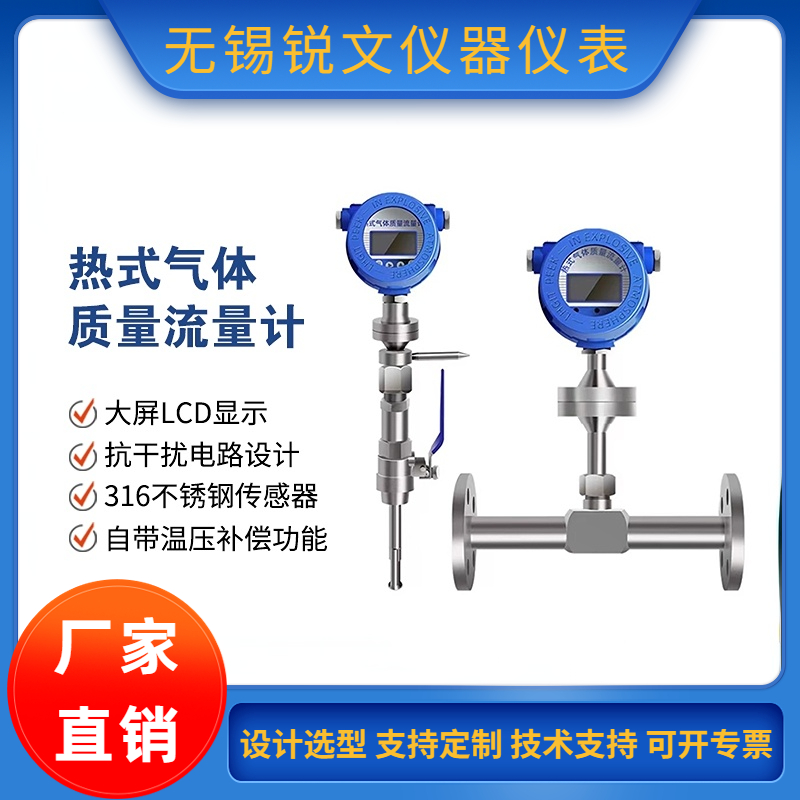 锐文 高精度热式气体质量流量计插入式管道式压缩空气氧气氮气