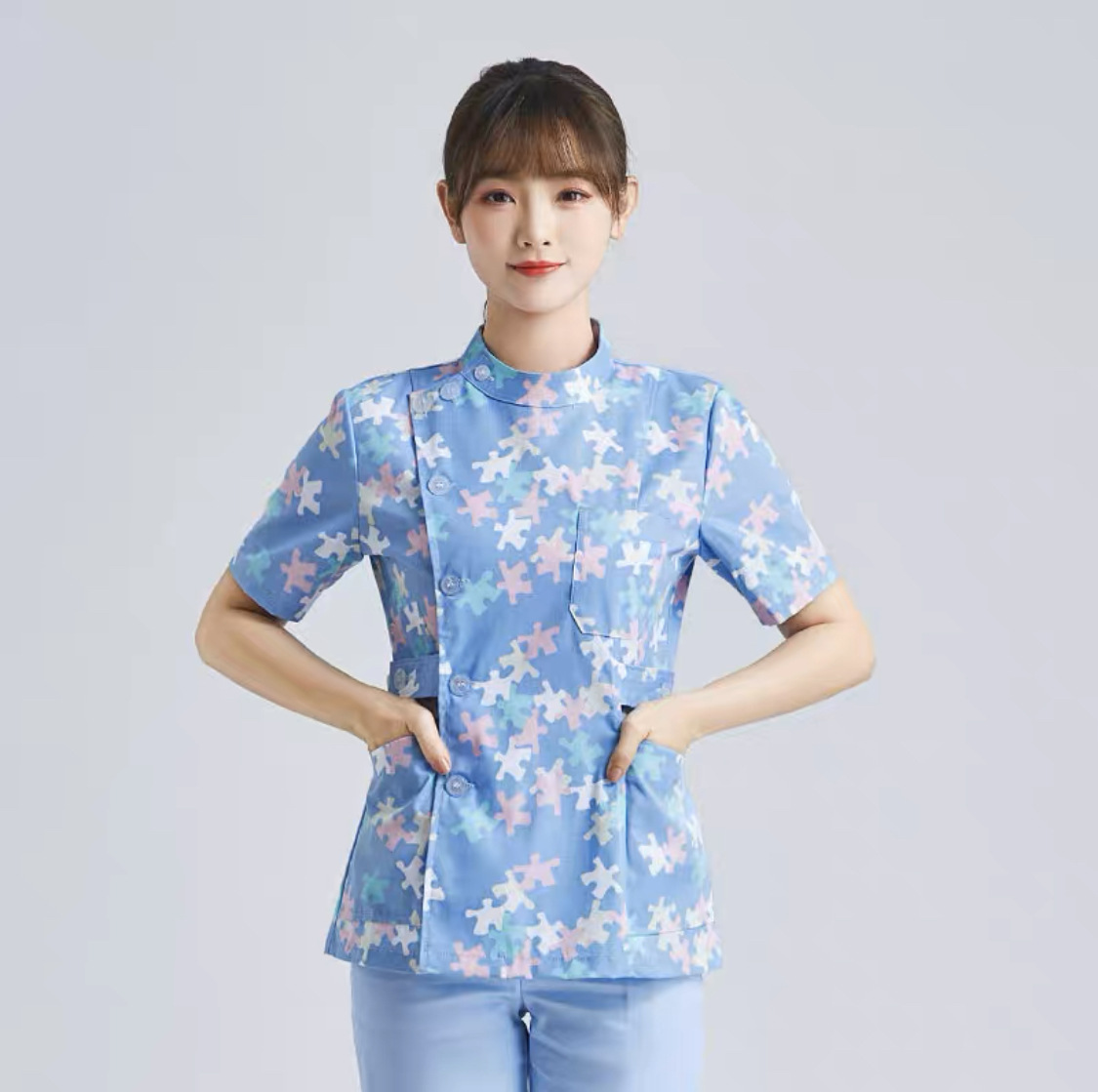 博尔雅碎花护士服长袖女分体套装短袖美容师工装护工月嫂工作服