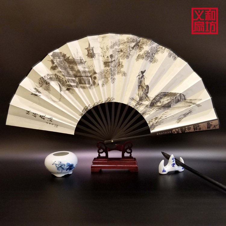 9寸水磨玉竹折扇宣纸 中国风古风复古折叠扇 收藏扇定制竹扇子