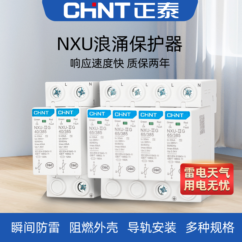 正泰浪涌保护器家用防雷器4p电源避雷器NXU二级电涌保护器40kA 2P
