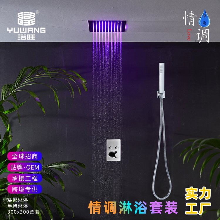 新款简约风酒店雨淋顶喷防缠绕手持花洒遥控LED情调暗装淋浴套装