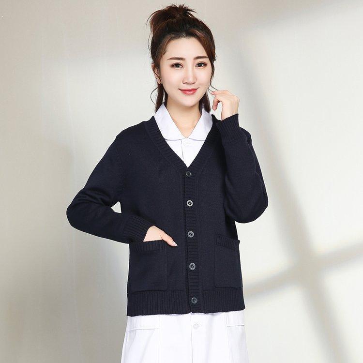 护士毛衣女 针织衫V领护士服开衫外套新款外搭藏蓝色保暖加绒加厚