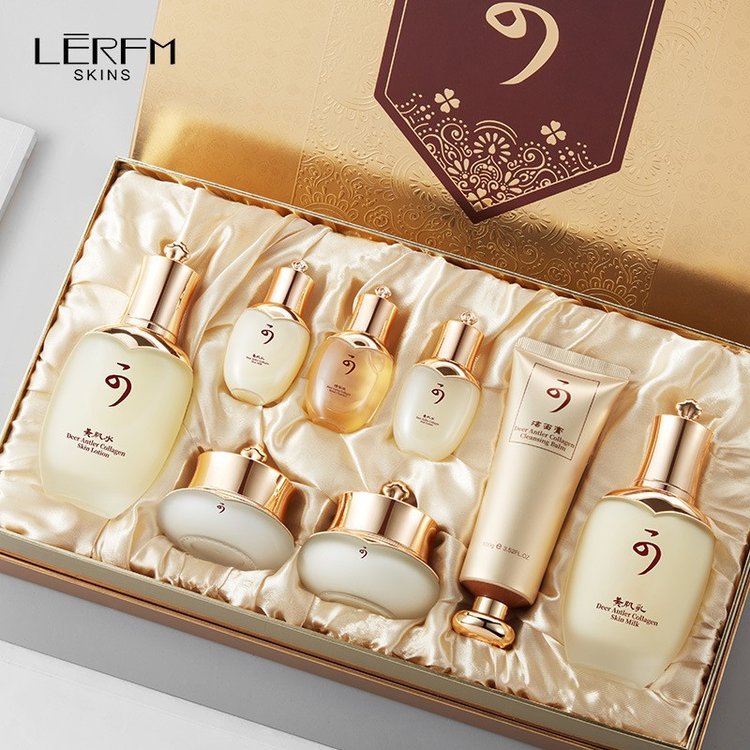 鹿茸胶原蛋白臻颜护肤品八件套+面膜+气垫+组合套盒代加工厂家