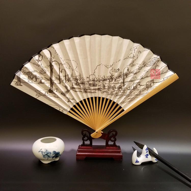 义和9寸黑玉竹宣纸折扇定做广告扇制作订做绢扇定制