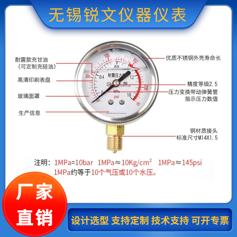 锐文 厂家供应不锈钢防硫耐震压力表 测量精确 持久稳定