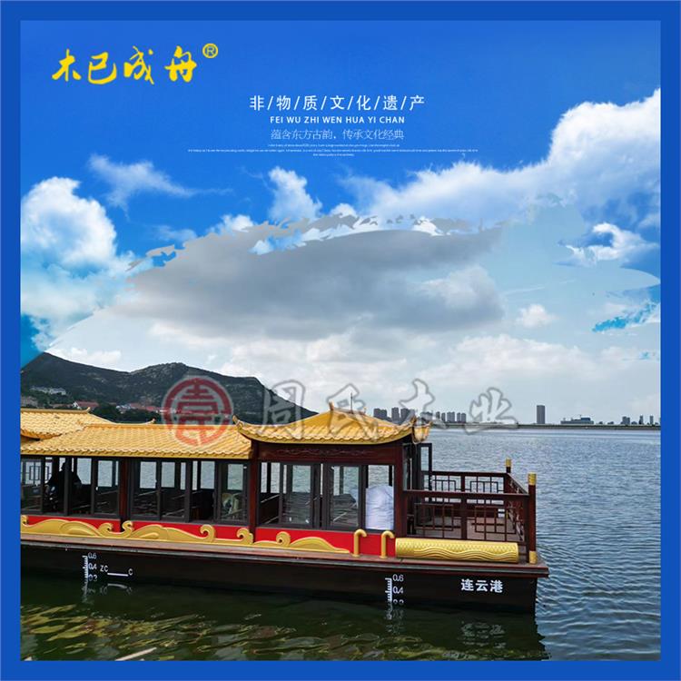 度假村电动画舫船 14米大型餐饮观光旅游船 商务接待木质玻璃钢船
