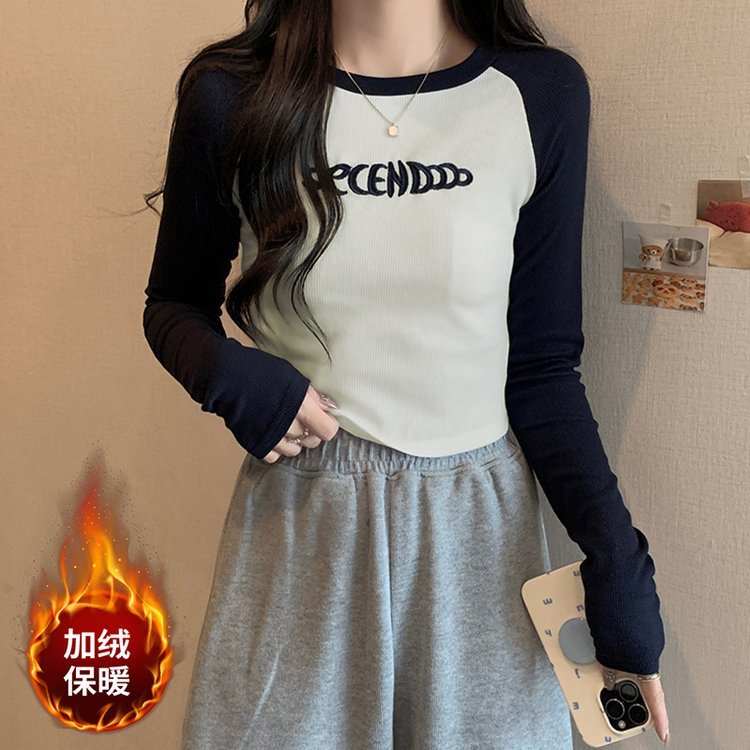 刺绣正肩长袖T恤女2022秋冬设计感拼色减龄洋气不规则短款打底衫