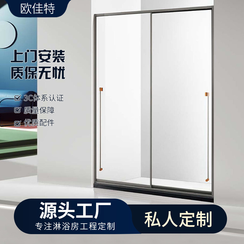 哑黑色钢化玻璃淋浴隔断 现代简约双活动不锈钢淋浴房工程定制