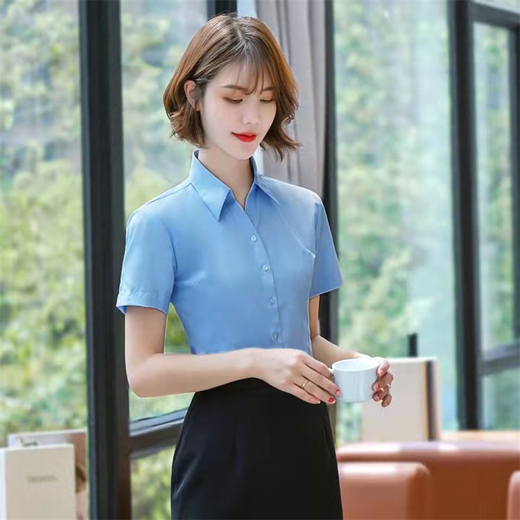 休闲纯色短袖衬衫 夏季工作服短 袖T恤衫 高棉职业工装 维妮妮