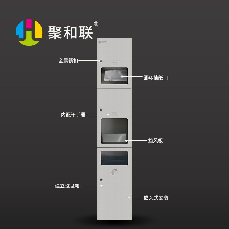 三合一不锈钢手纸箱 多功能组合柜　嵌入式烘手器　抽纸箱垃圾桶