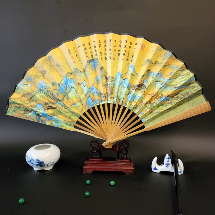 9寸中国古代名画高仿扇子折扇批发折 叠扇子竹扇礼品扇盒和扇座架