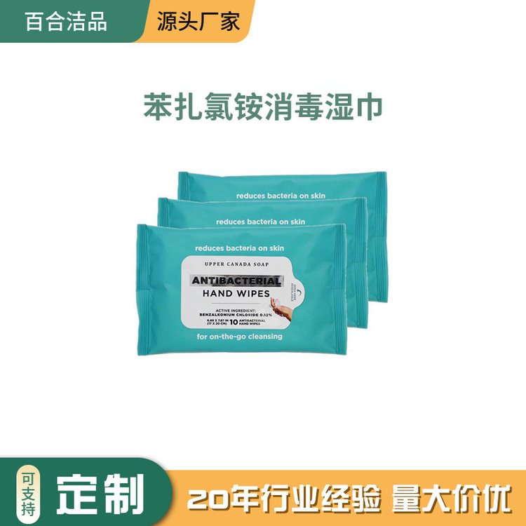 出口定制 苯扎氯铵消毒湿巾 10片小包装 一次性杀菌湿纸巾 无醇消毒